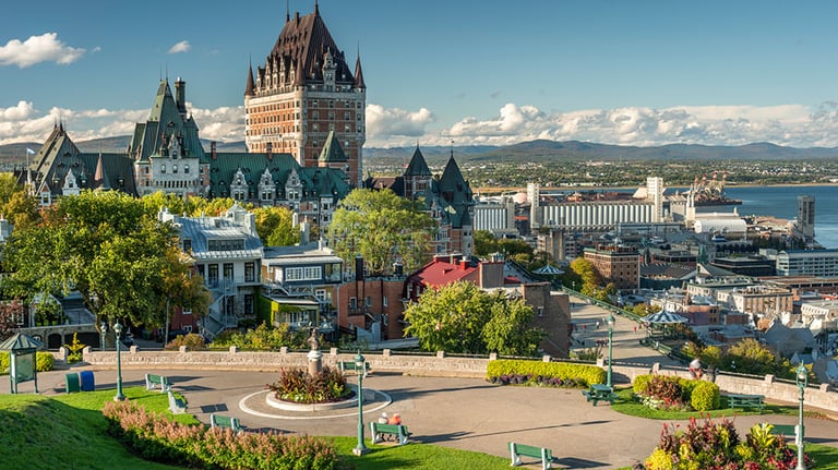 Old Quebec City downtown historic skyline view from the Plains of Abraham. Credit: Pgiam