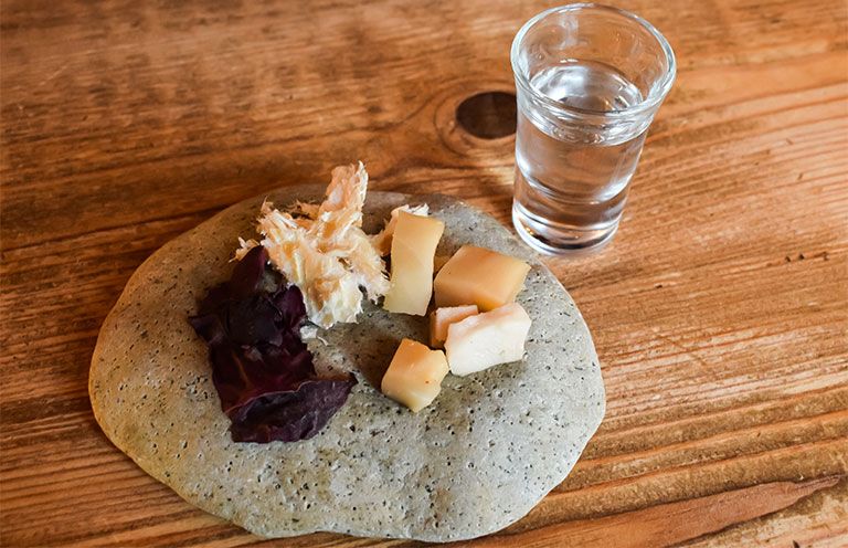 Shark fish set with vodka traditional in Iceland food