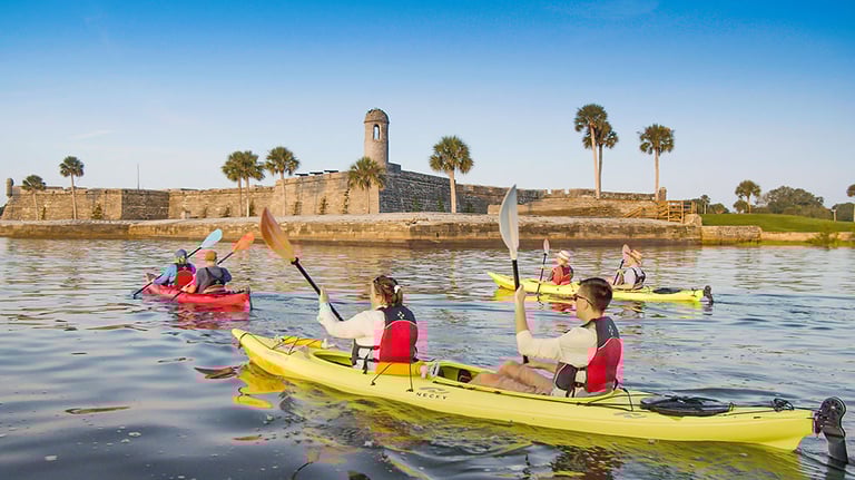 Kayaking with a backdrop of Castillo de San Marcos; photo courtesy of Florida’s Historic Coast