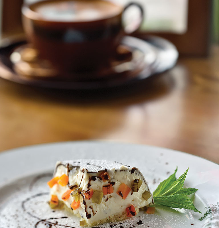 Among Antichi Sapori’s array of irresistible desserts is this ‘quasi’ cassata garnished with caramelized celery and pumpkin; photo courtesy of Antichi Sapori