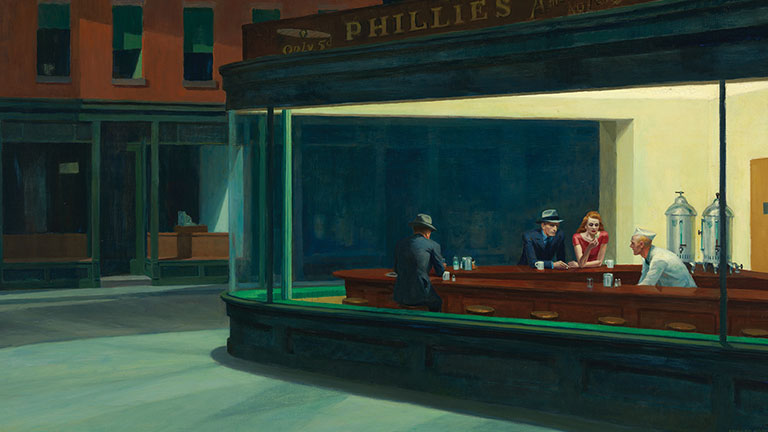 Edward Hopper’s Nighthawks, 1942, Friends of American Art Collection; courtesy of the Art Institute of Chicago