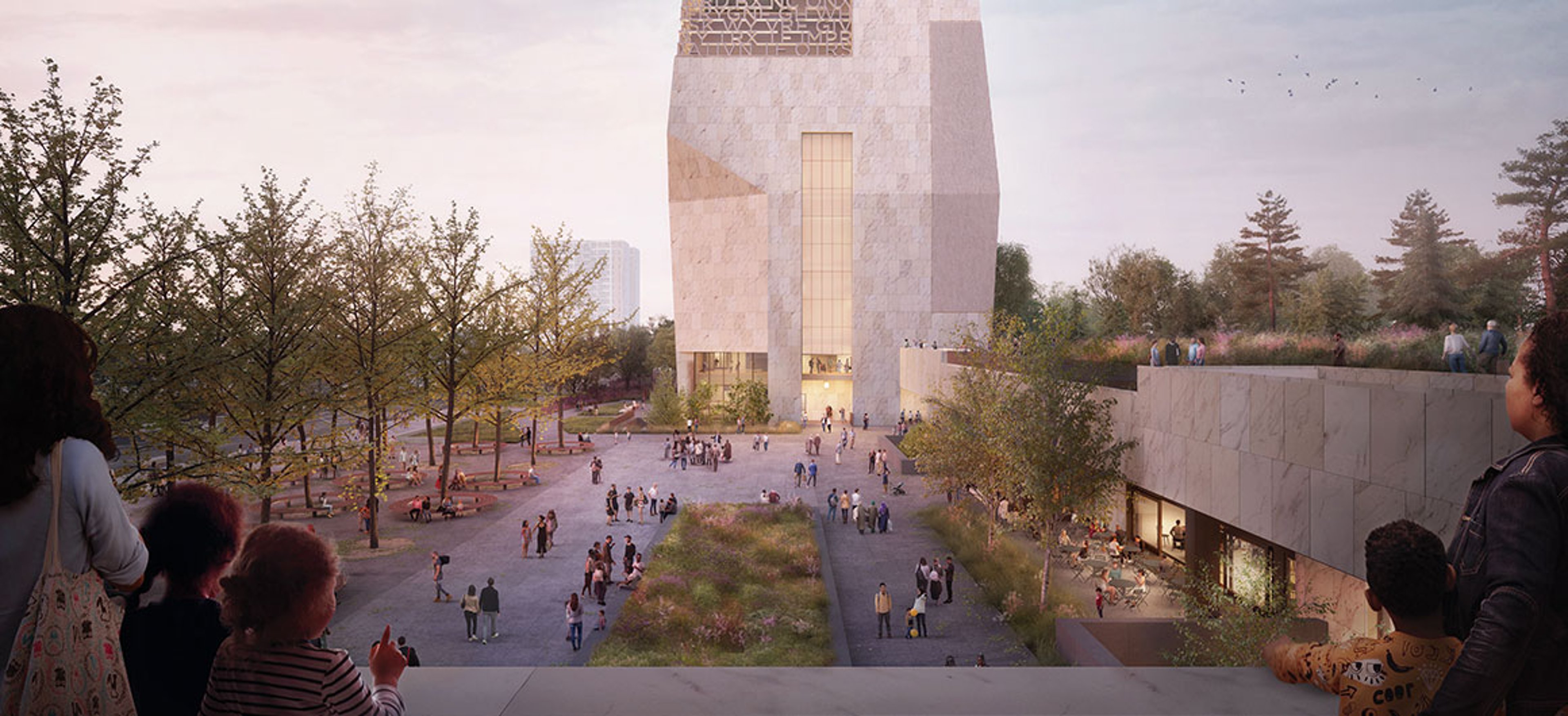 The 19-acre Obama Presidential Center opens in June on Chicago’s South Side (rendering does not accurately depict the building’s engraving).