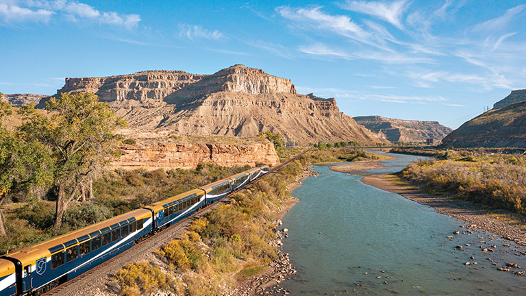 Rocky Mountaineer traveling through De Beque Canyon, Colorado; photo courtesy of Rocky Mountaineer.