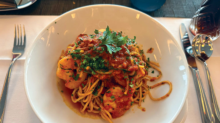 Shrimp pasta served onboard Rotterdam; photo courtesy of Holland America Line