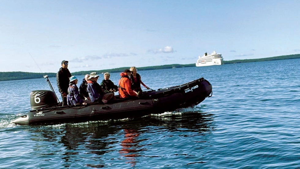 The big ship is nearly always in sight when you’re on a Zodiac. Photo by Terri Colby