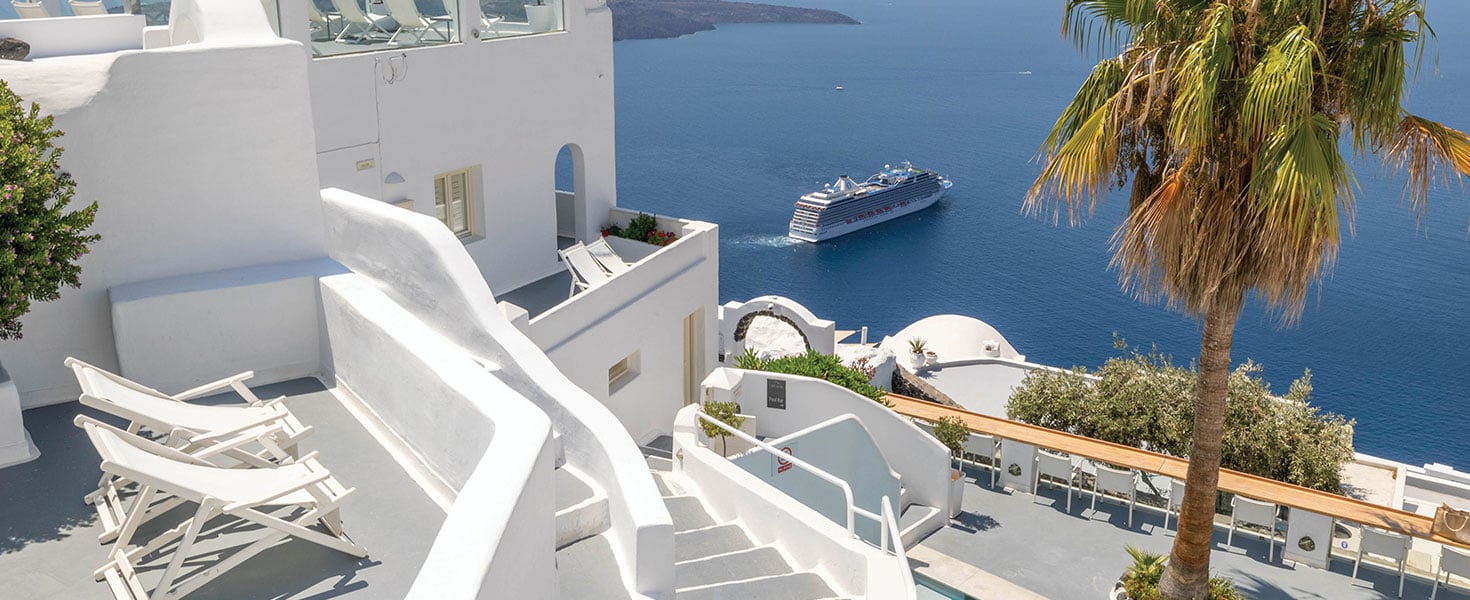 Oceania’s Riviera in Santorini, Greece; photo courtesy of Oceania Cruises