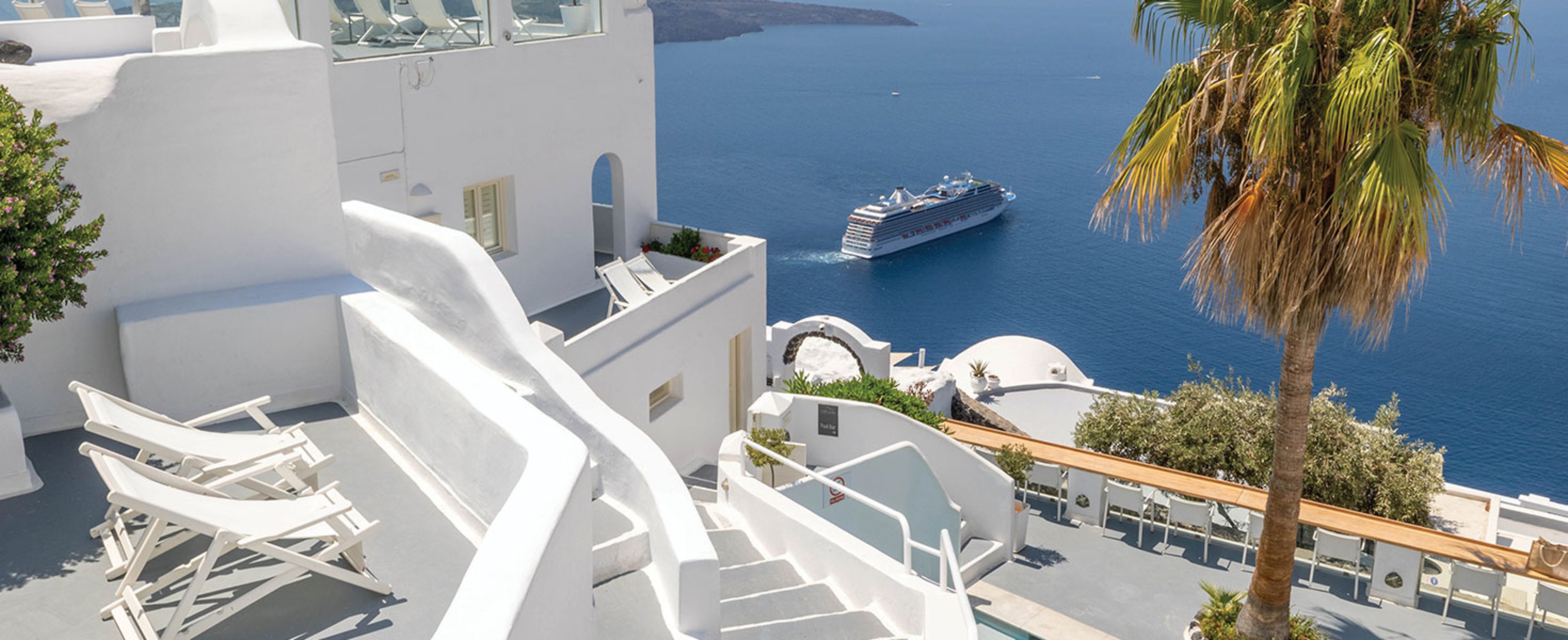Oceania’s Riviera in Santorini, Greece; photo courtesy of Oceania Cruises