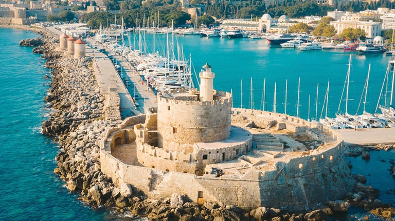 The picturesque port of Mandraki in Rhodes, Greece; photo courtesy of Marketing Greece