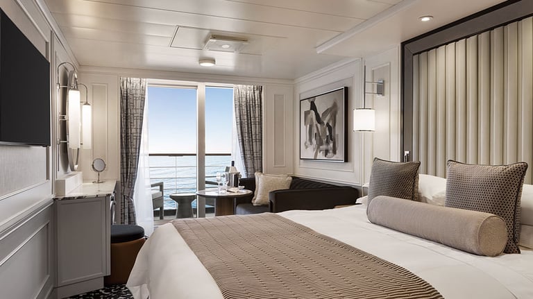 A concierge-level veranda stateroom on the Riviera; photo courtesy of Oceania Cruises