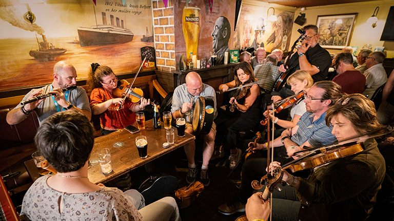 A traditional Irish music session in a pub; 