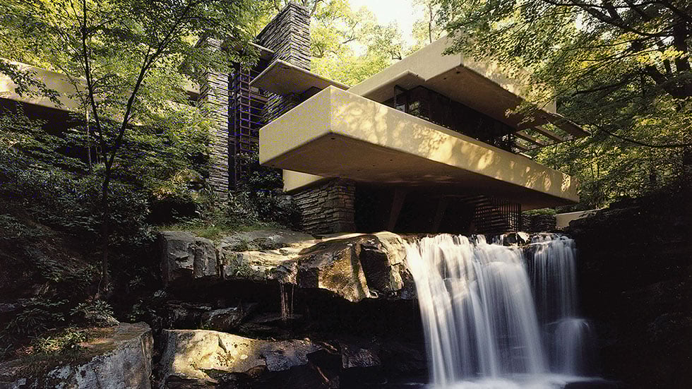 Fallingwater classic view from the SW elevation courtesy of the Western Pennsylvania Conservancy