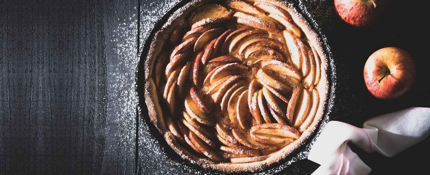 Overhead shot of apple crisp in a bowl