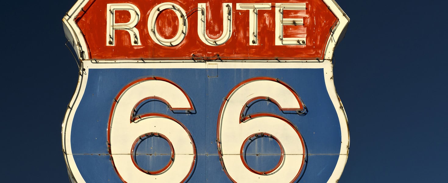 Historic Route 66 Shield Shaped Neon Sign Along the old route
