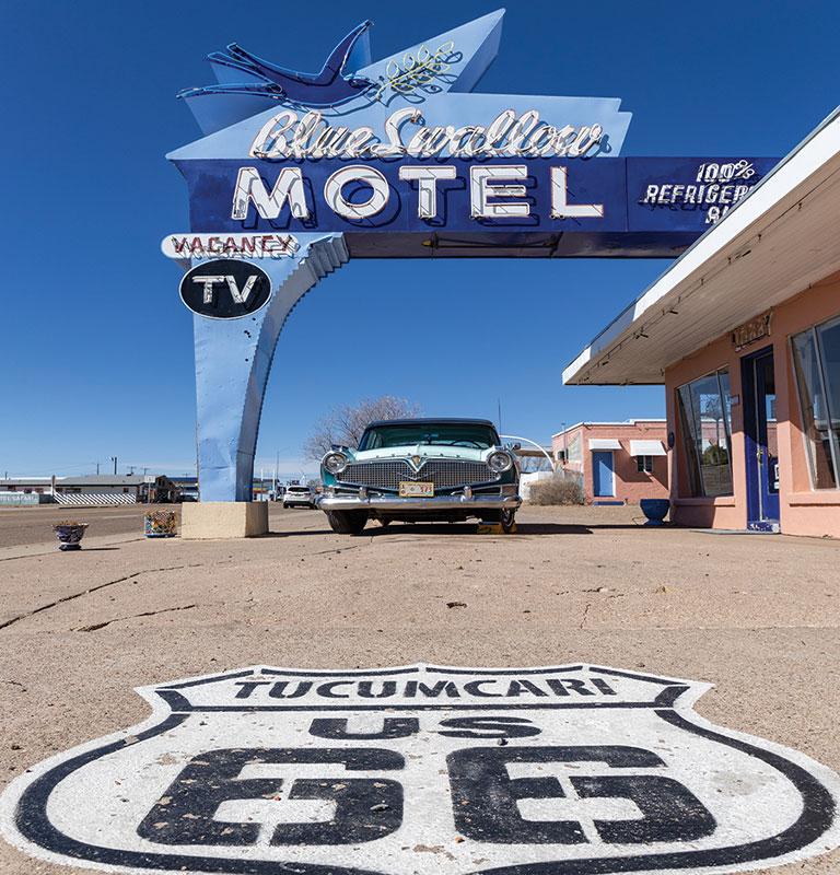 The neon sign of the Blue Swallow Motel in Tucumcari, New Mexico
