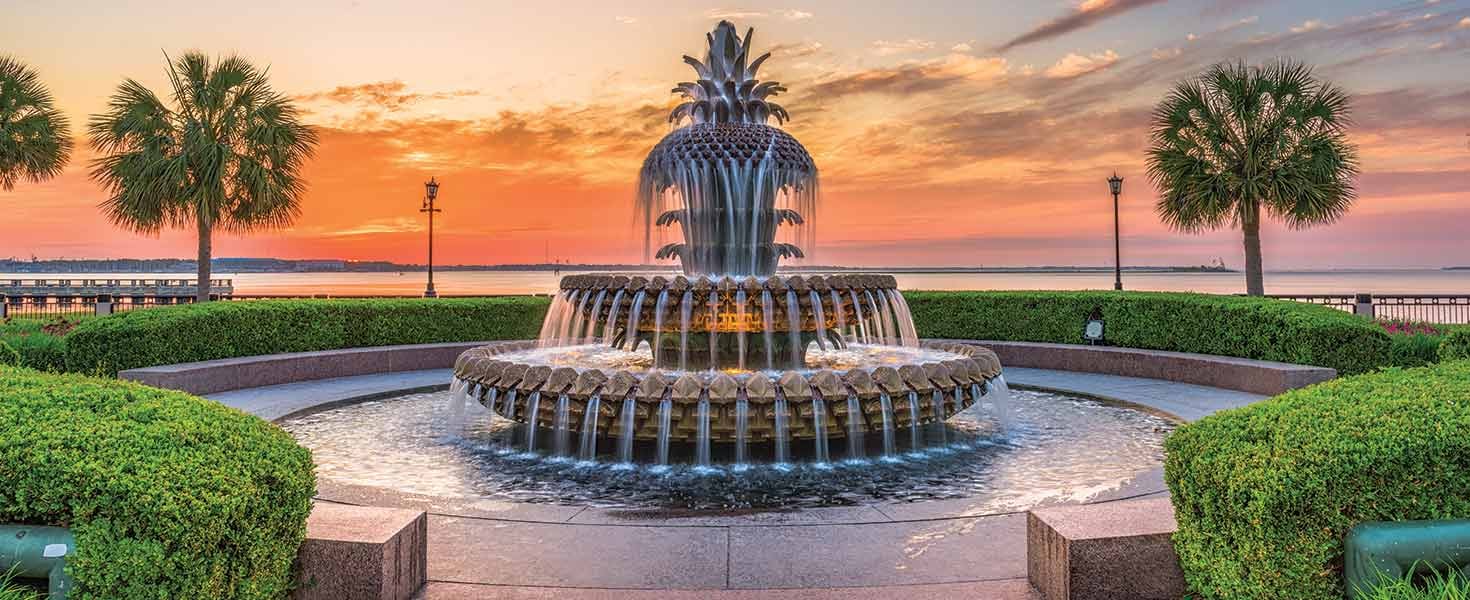 Joe Riley Waterfront Park features a pineapple fountain, a symbol of hospitality.