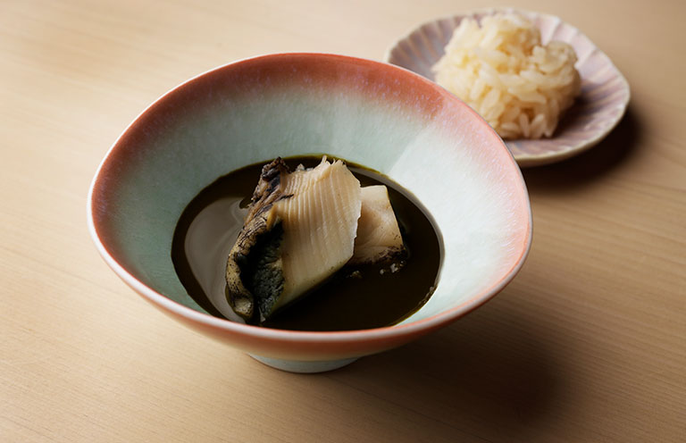 tender abalone in a sauce enriched with abalone liver from Sushi Kadowaki.