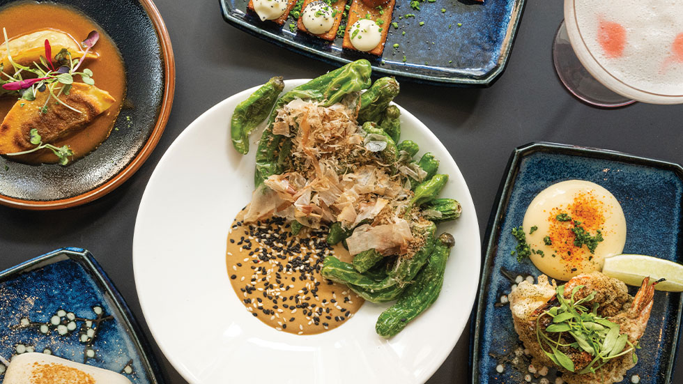 Cranes’ shishito peppers with sesame sauce and sesame seeds. Photo courtesy of Cranes