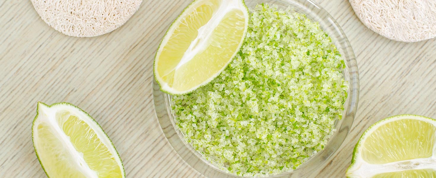 Homemade lime scrub with lime zest and juice, sea salt and olive oil. 