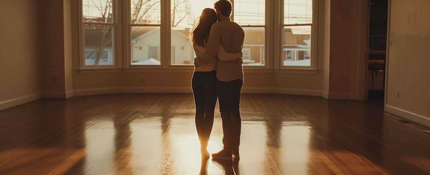 new homeowners embrace in empty living room, young couple celebrates first house together by Yash