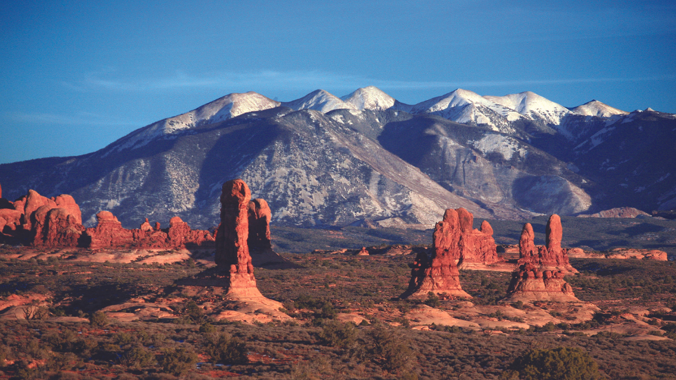 Utah’s Arches National Park and the mountains of Manti-La Sal National Forest