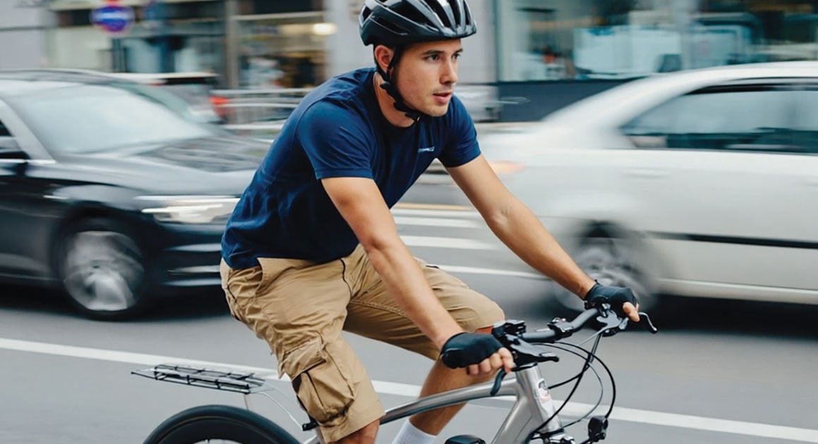 man riding ebike on street with helmet on, cars in background
