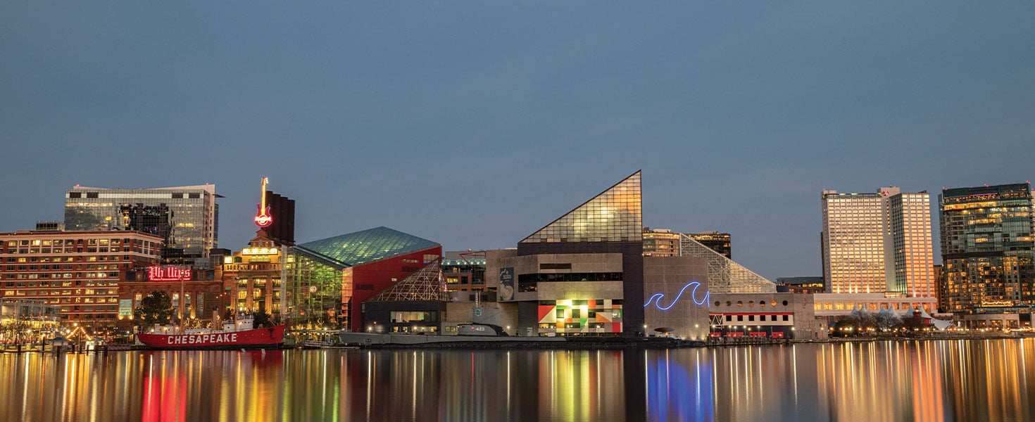Baltimore’s Inner Harbor dazzles day and night.