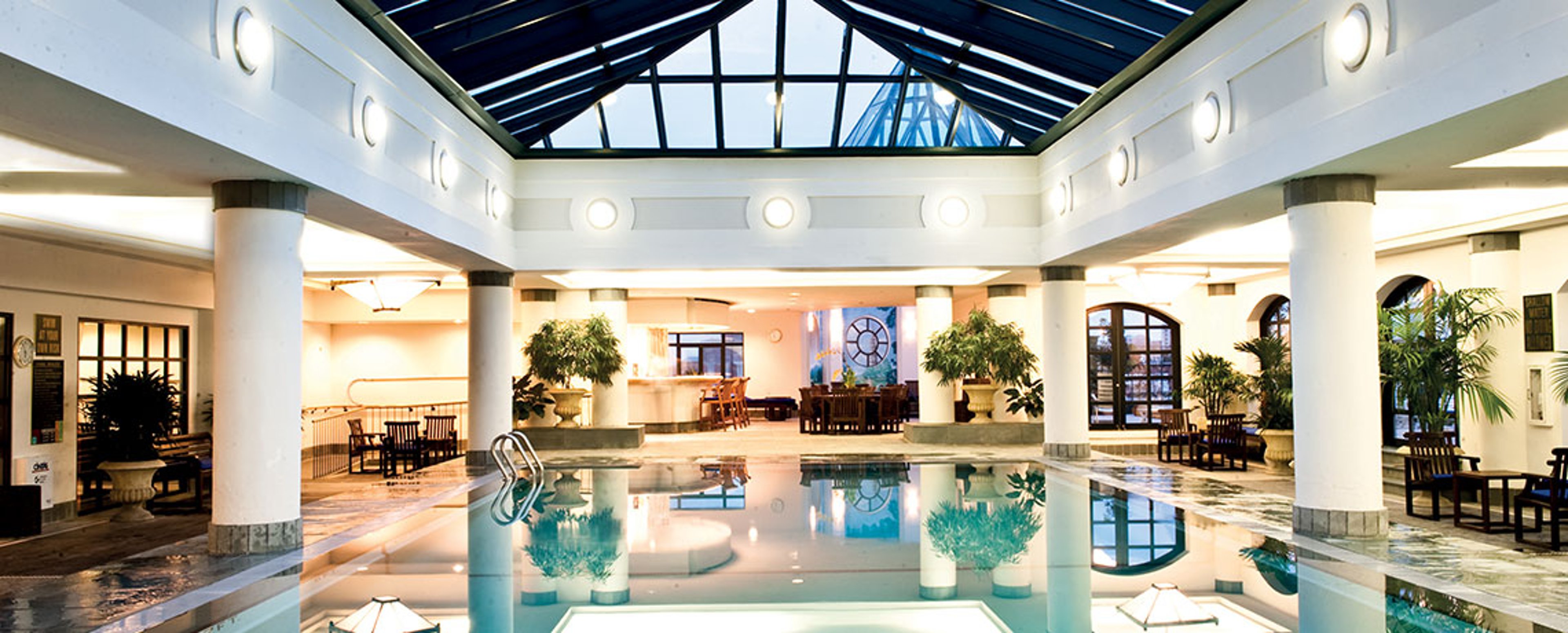 The Charleston Place’s saltwater pool is housed beneath a retractable glass skylight.  Photo courtesy of Explore Charleston  