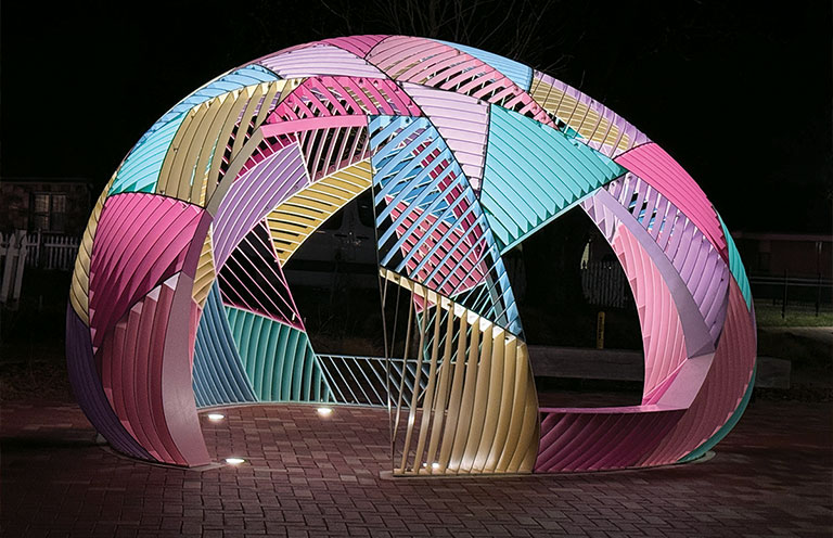 The steel sculpture Bubble by Hou de Sousa animates downtown Bentonville.