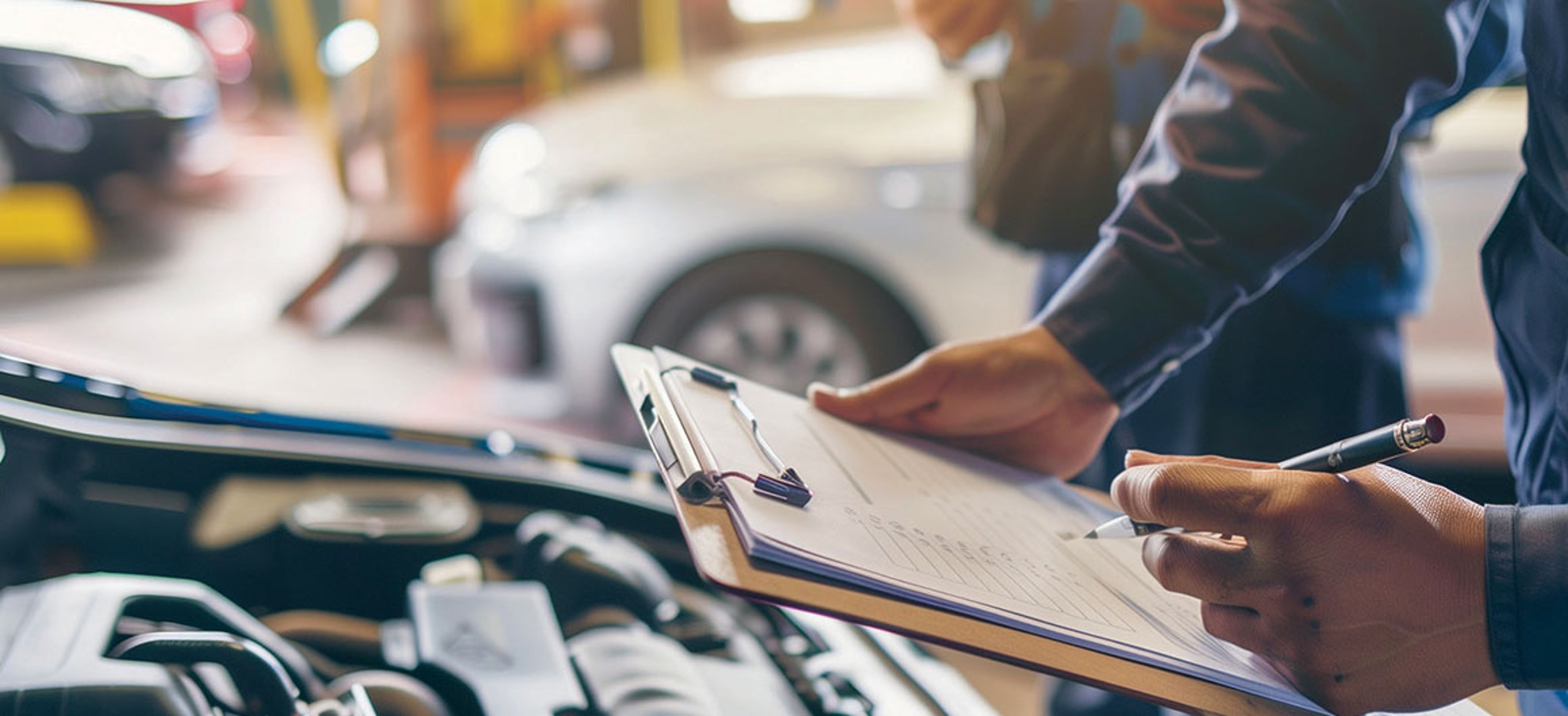 Auto check, car service shop concept. Automobile repairman writing job checklist on clipboard, mechanic checking engine to estimate repair machine, inspecting maintenance by engineer at vehicle garage; by Svetlana