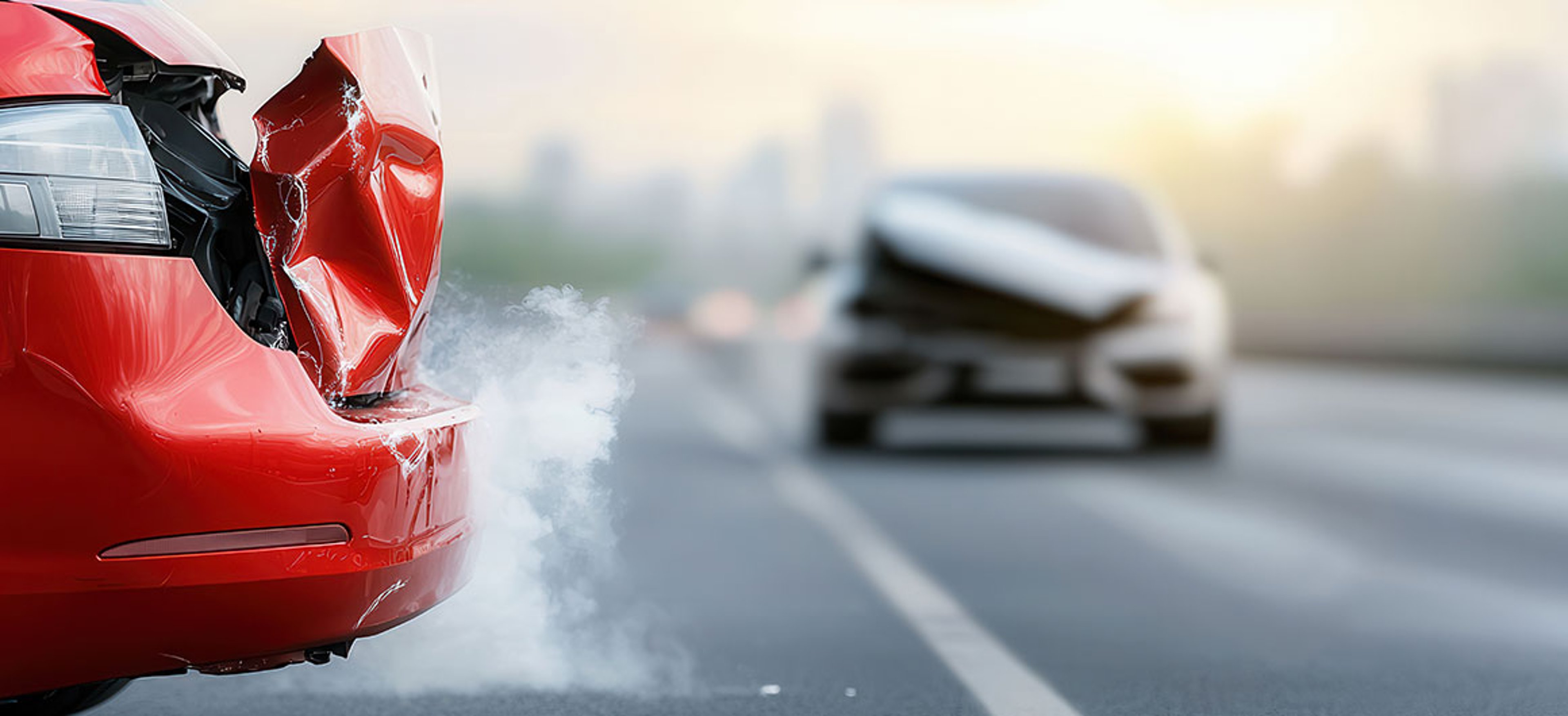 rear end collision between two cars on city road, showcasing damage to red vehicle and smoke. scene captures aftermath of accident, evoking concern by Worakit