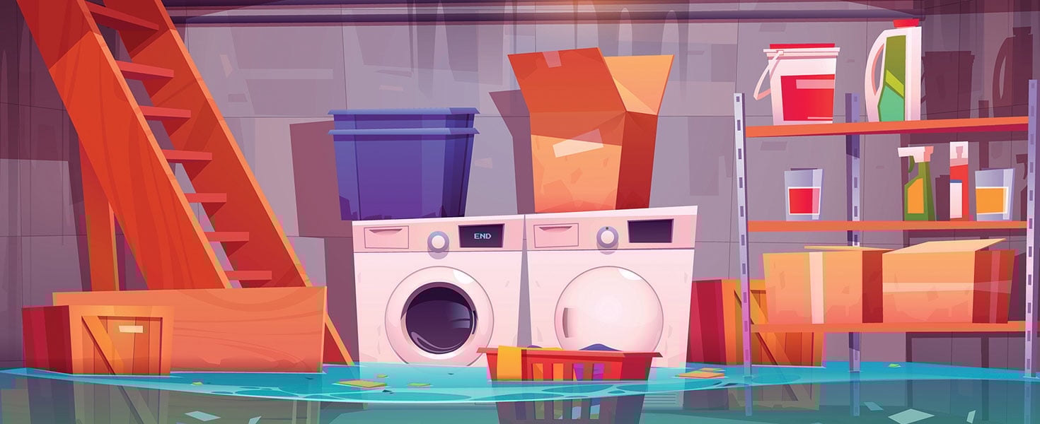 Flooded laundry in basement, water leakage in home cellar interior with washing and dryer machines, detergents on shelves, basket with dirty linen and carton boxes, flood, Cartoon vector illustration; by klyaksun