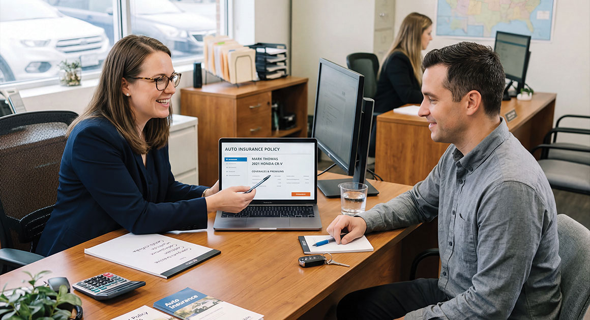 man looking at insurance policy with agent