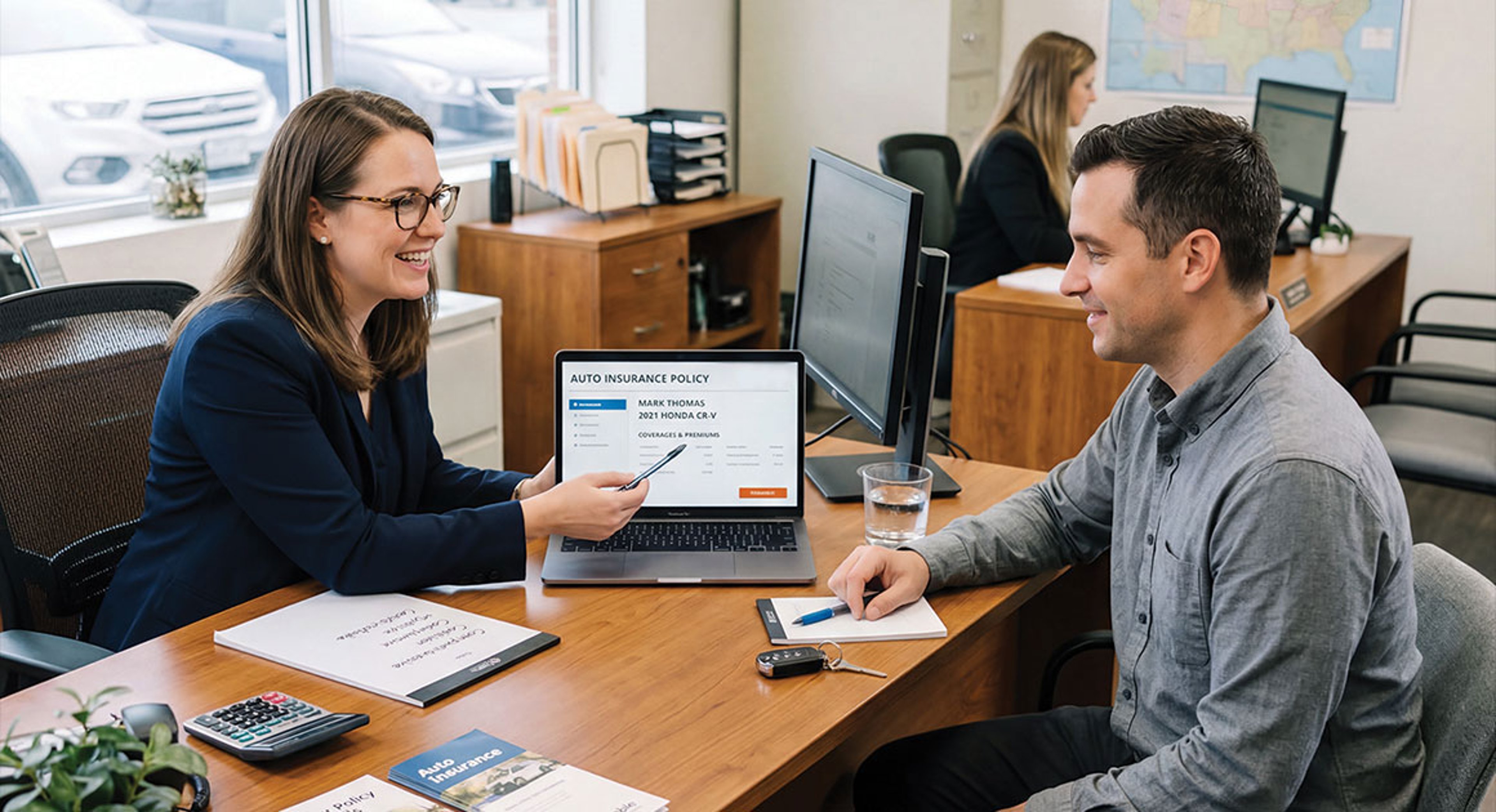 man looking at insurance policy with agent