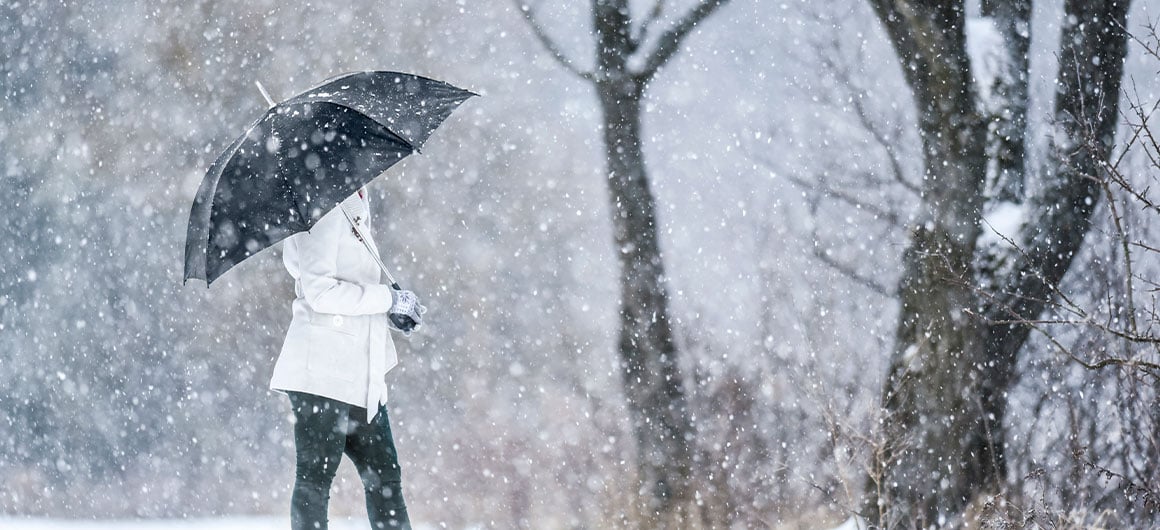 woman standing under umbrella in the snow