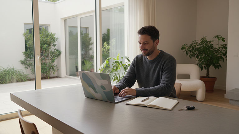 A modern home interior with a person seated at a table using a laptop, a notebook nearby, and car keys resting on the surface. The person appears focused and relaxed. Screens show abstract shapes only, no readable content. Soft natural light, clean neutral palette, realistic photography style.