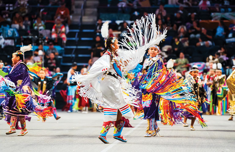 people in traditional powwow attire, dancing