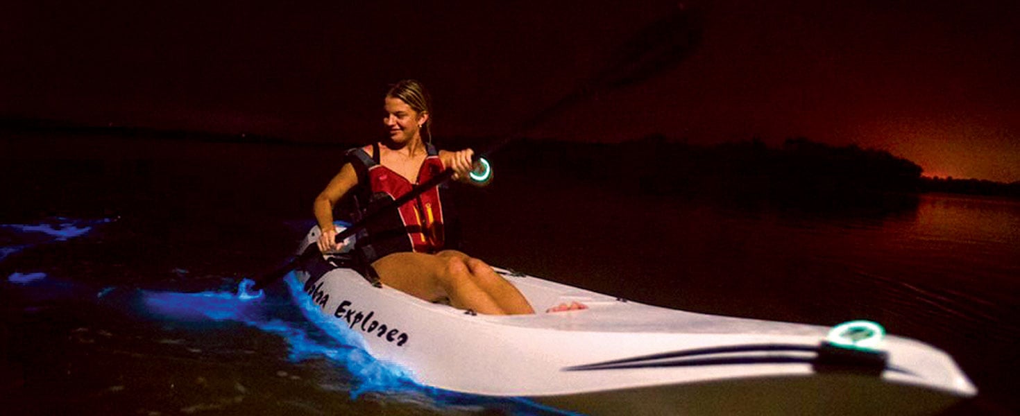 Paddling on a bioluminescent lagoon in Florida; COURTESY OF FIN EXPEDITIONS