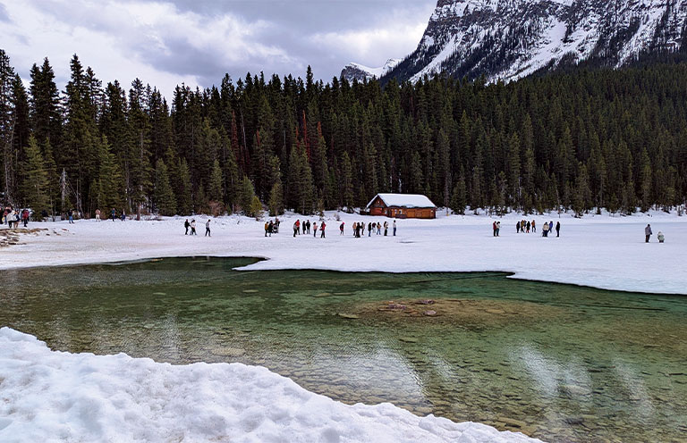 lake during winter time after snow fall