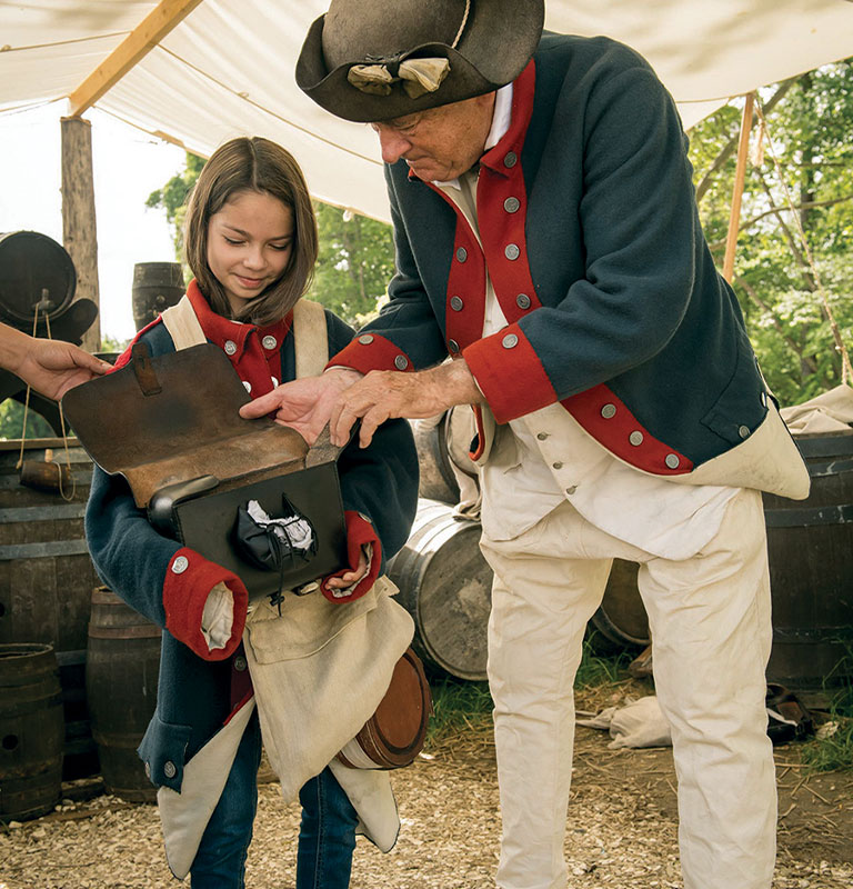 Trying on soldier’s gear at the re-created Continental Army camp at the American Revolution Museum at Yorktown