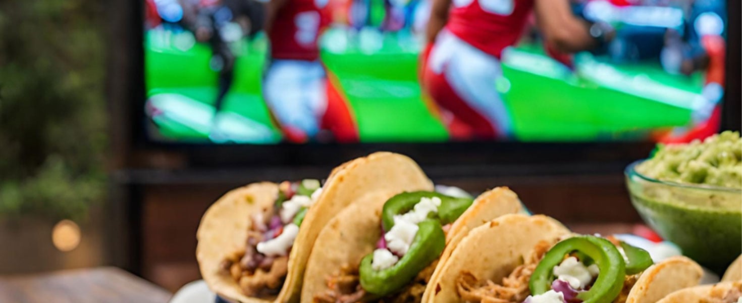 tacos on table with football game on tv in background