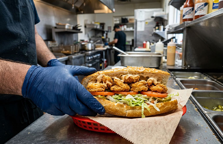 Man making shrimp poboy AI image generated by Andrea Corbin