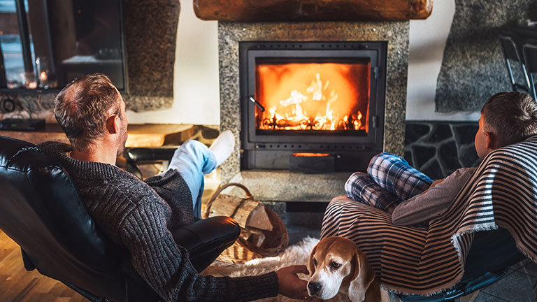 Father with son sitting in comfortable armchairs in their cozy country house near fireplace and enjoying a warm atmosphere and flame moves. Their beagle friend dog sitting beside on white sheepskin. By Soloviova Liudmyla