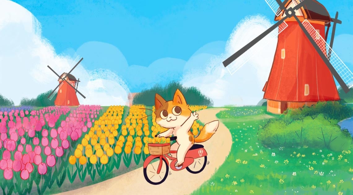 KeeKee riding bike through tulips