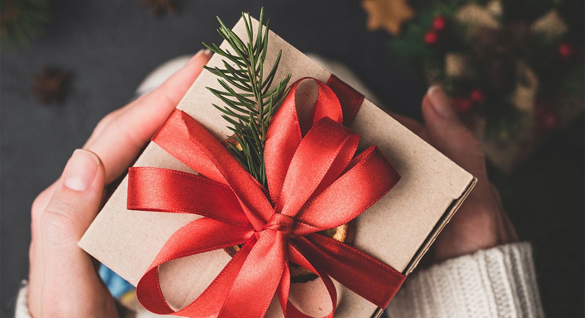 hands holding a present with a bow on top