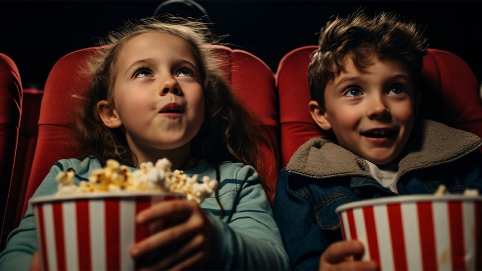 two kids holding buckets of popcorn in movie theater seats