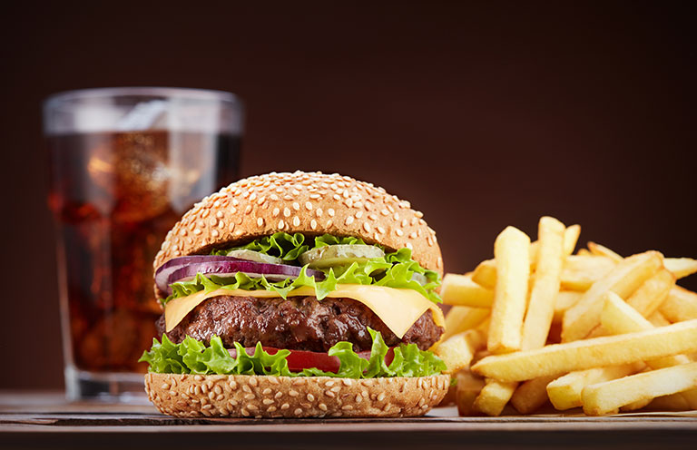 burger, fries, and drink
