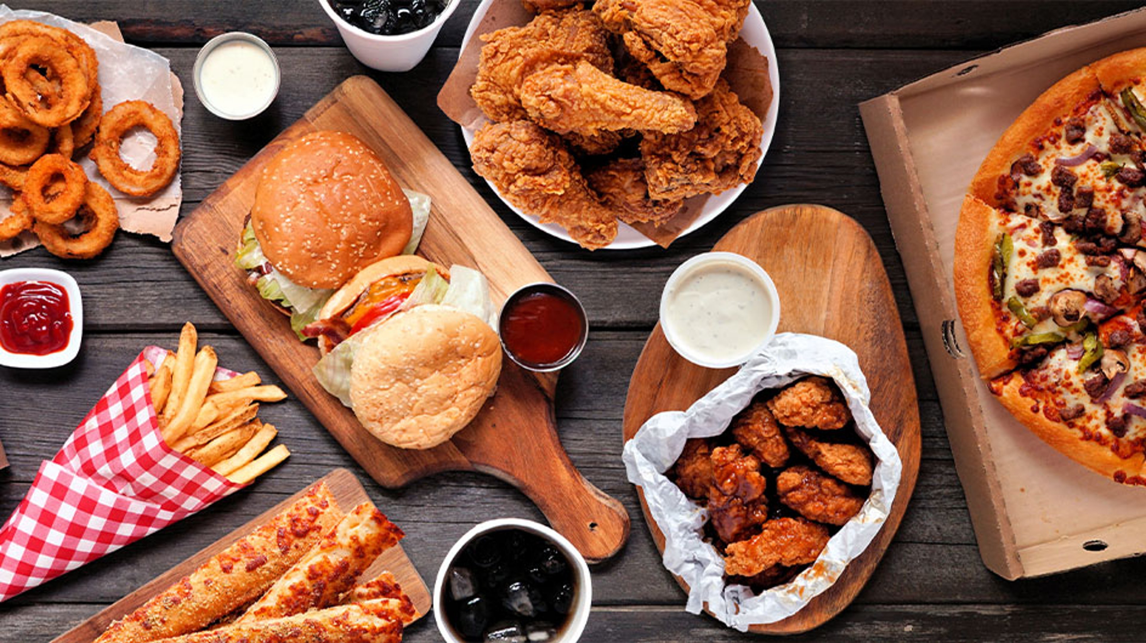 burgers, pizza, onion rings