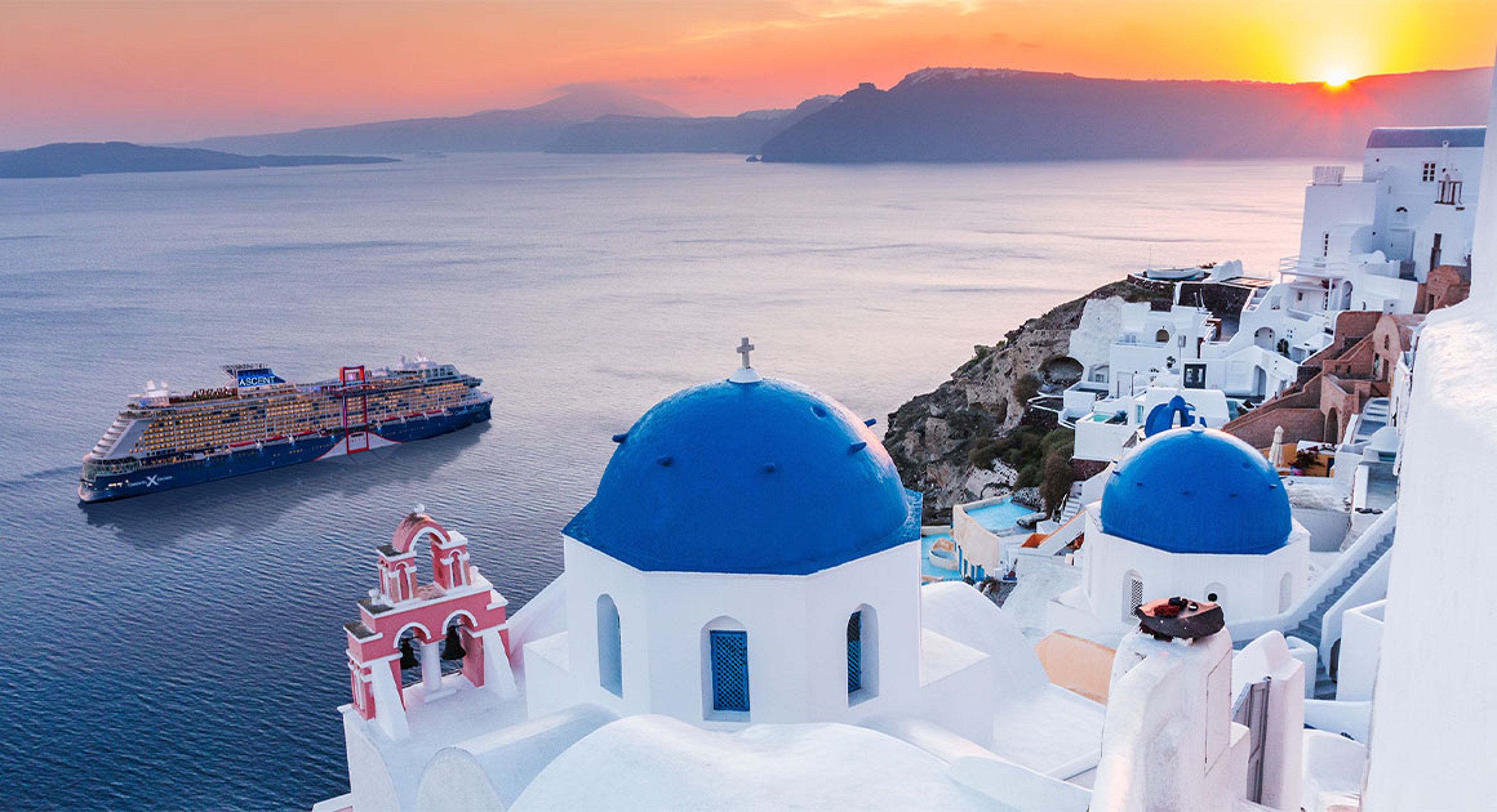 Celebrity cruise ship sailing towards Santorini, Greece