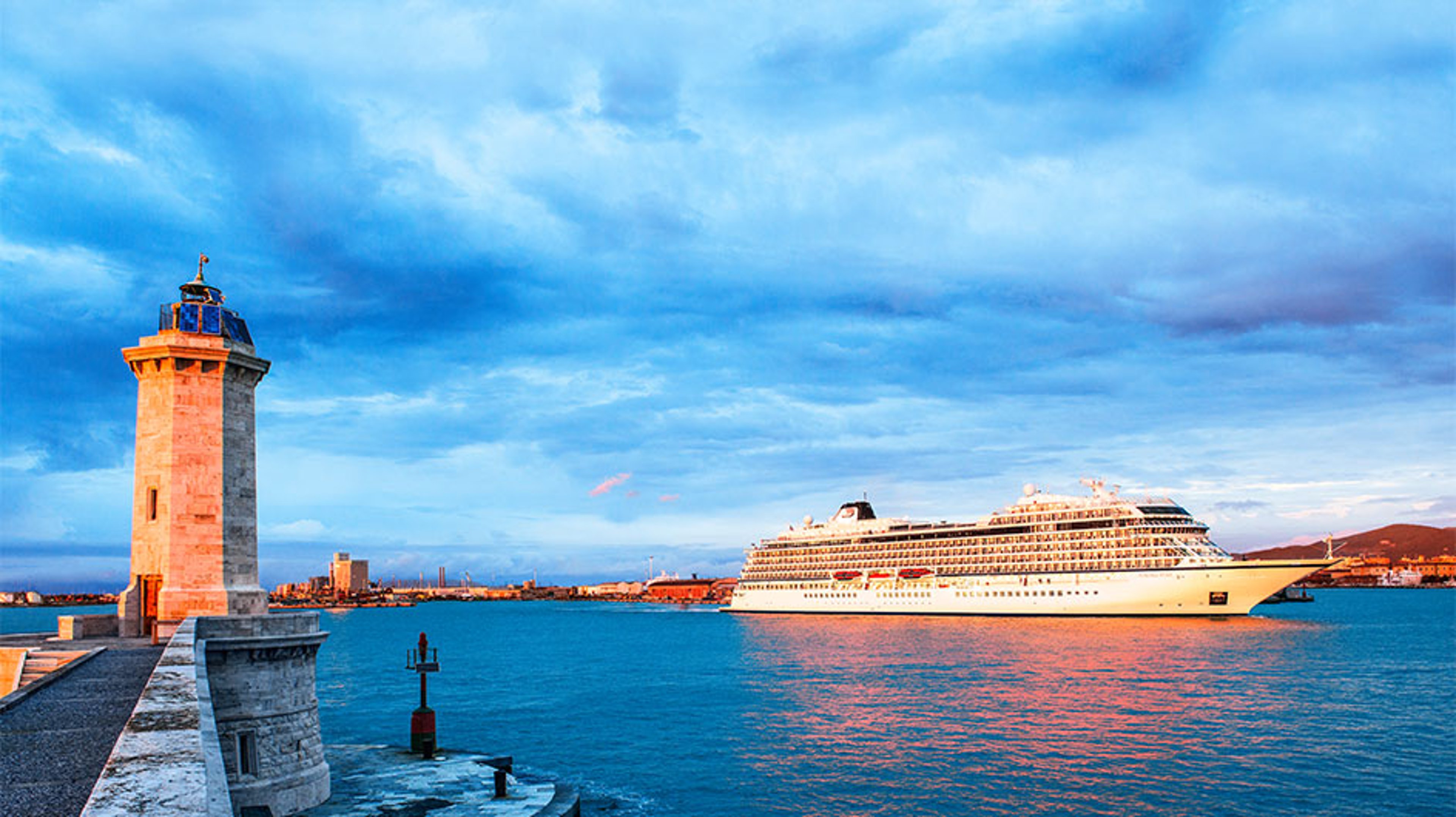 Port of Livorno harbor with vikings cruise ship in water