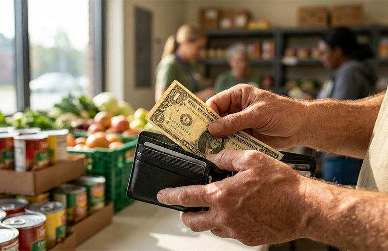 person taking dollar out of wallet